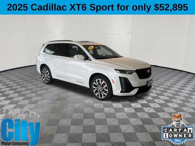2025 Cadillac XT6 Sport in Crystal White Tricoat — front three-quarter view