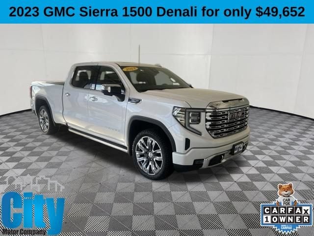 2023 GMC Sierra 1500 Denali in White Frost Tricoat — front three-quarter view